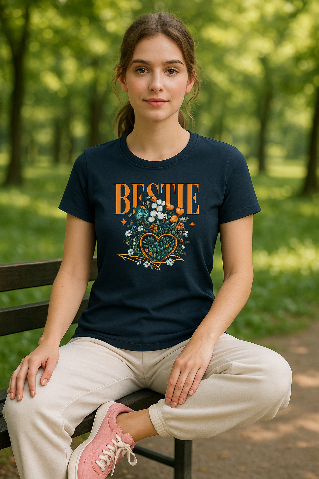 A woman sitting on a bench wearing a navy-colored crew neck t-shirt with the text 'BESTIE' and a heart surrounded by floral-like graphics.