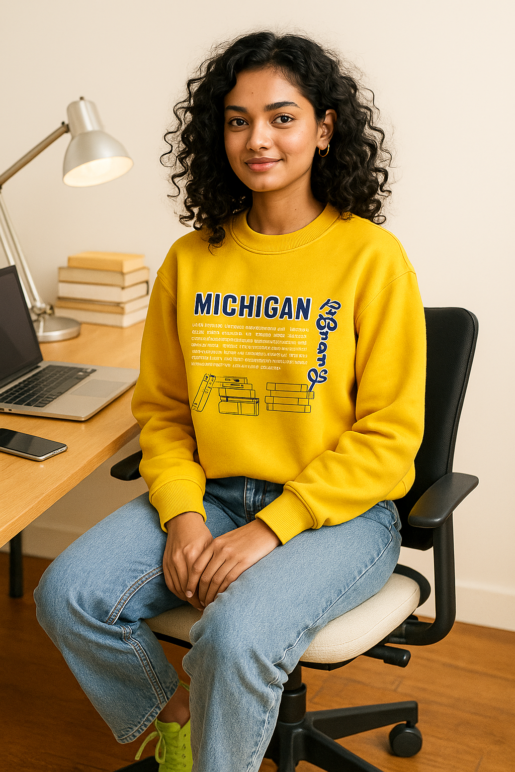 College Student wearing Yellow Sweatshirt for Women by BarelyStylish Winterwear Collection.