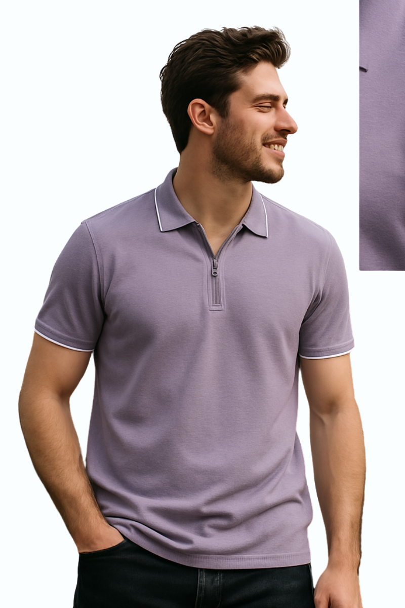 Men's Premium Cotton Lavender Polo – Bright Colors with Contrast Tipped Collar