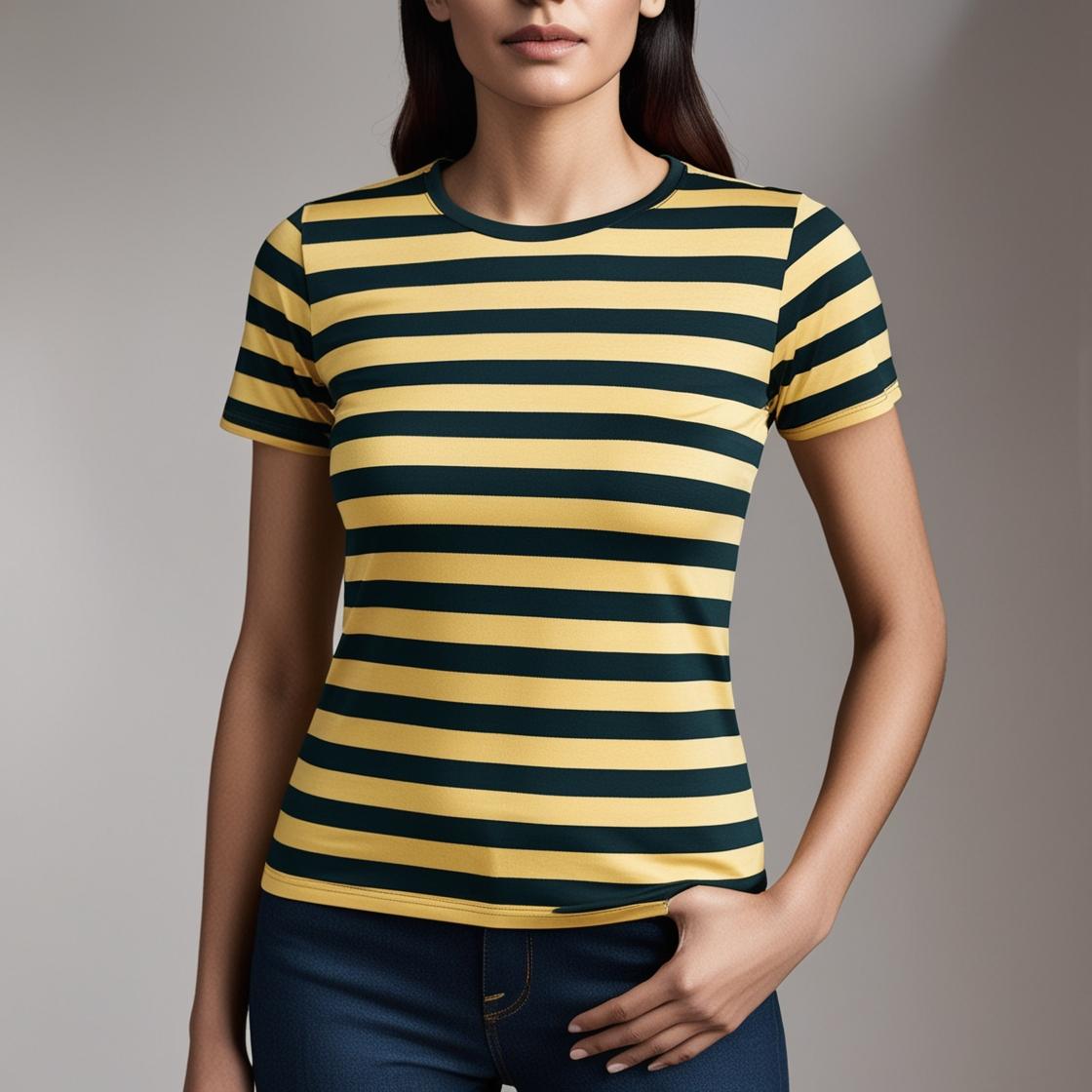 Soft & Breathable Women’s Cotton Tees – Yellow and Green Striped Crew Neck