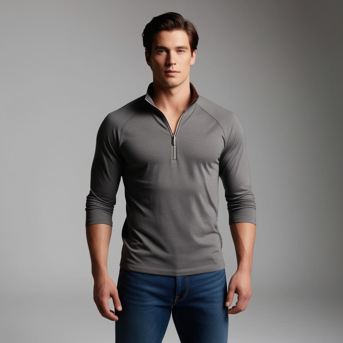 Dark Gray Zipper Polo Neck T-Shirt for Men – Smart Casual by BarelyStylish