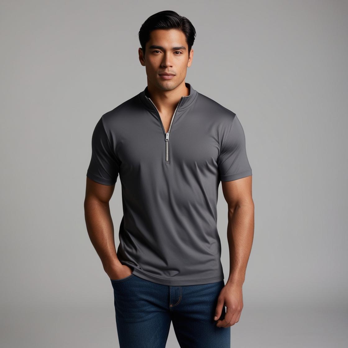 Dark Gray Zipper Polo Neck T-Shirt for Men – Smart Casual by BarelyStylish
