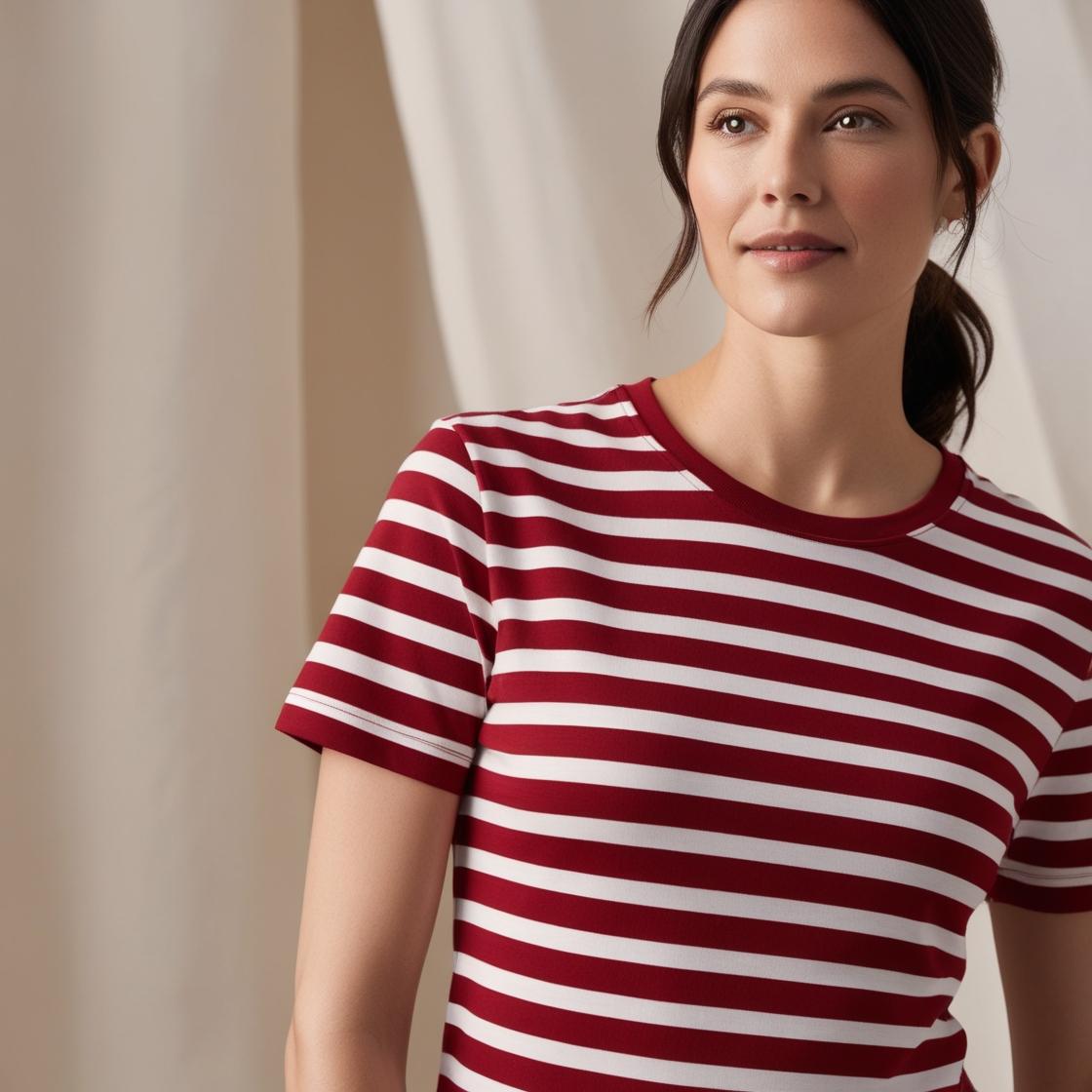 Soft & Breathable Women’s Cotton Tees – White and Red Striped Crew Neck
