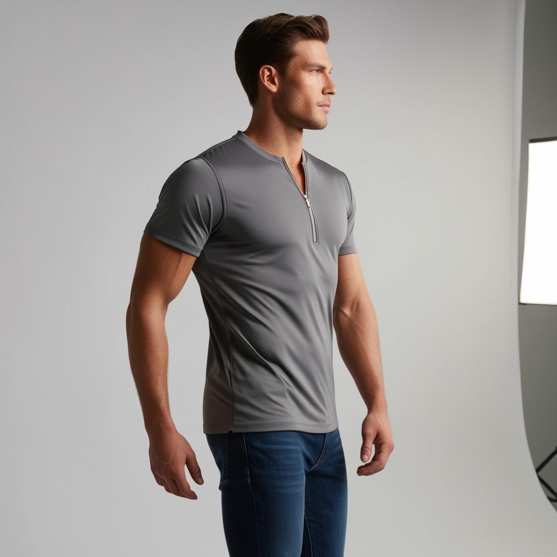 Dark Gray Zipper Polo Neck T-Shirt for Men – Smart Casual by BarelyStylish