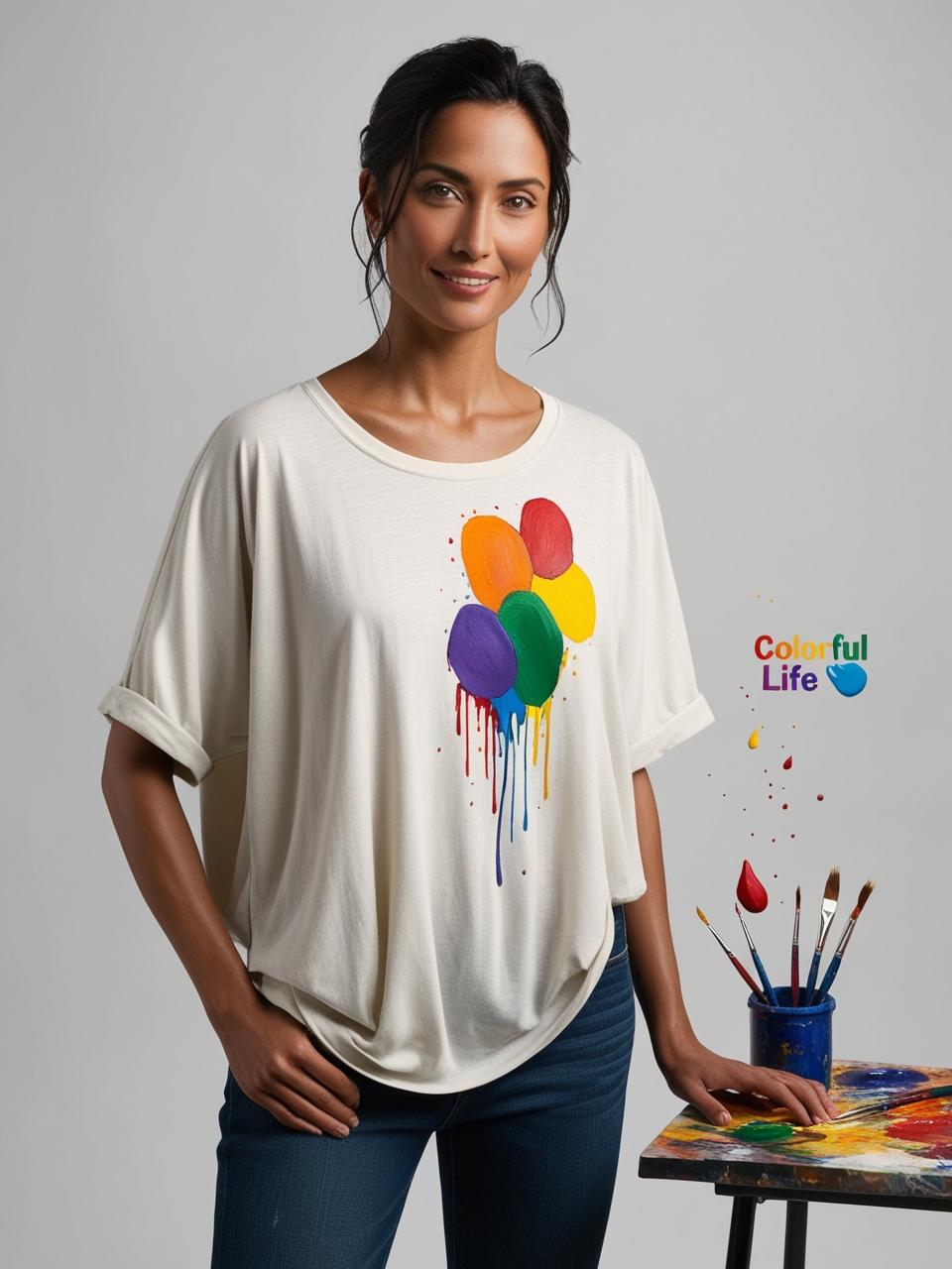 Crew Neck Off White Colorful State - oversized crew neck t-shirt for women