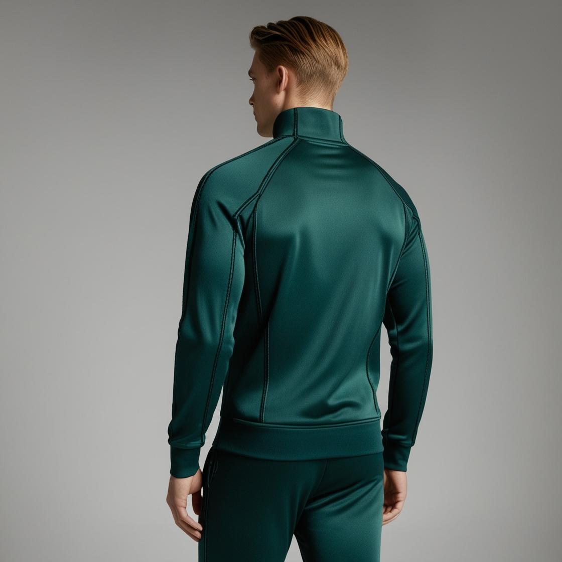 A man wearing a dark green, lightweight, athletic fabric BarelyStylish tracksuit with a zippered jacket and pants.