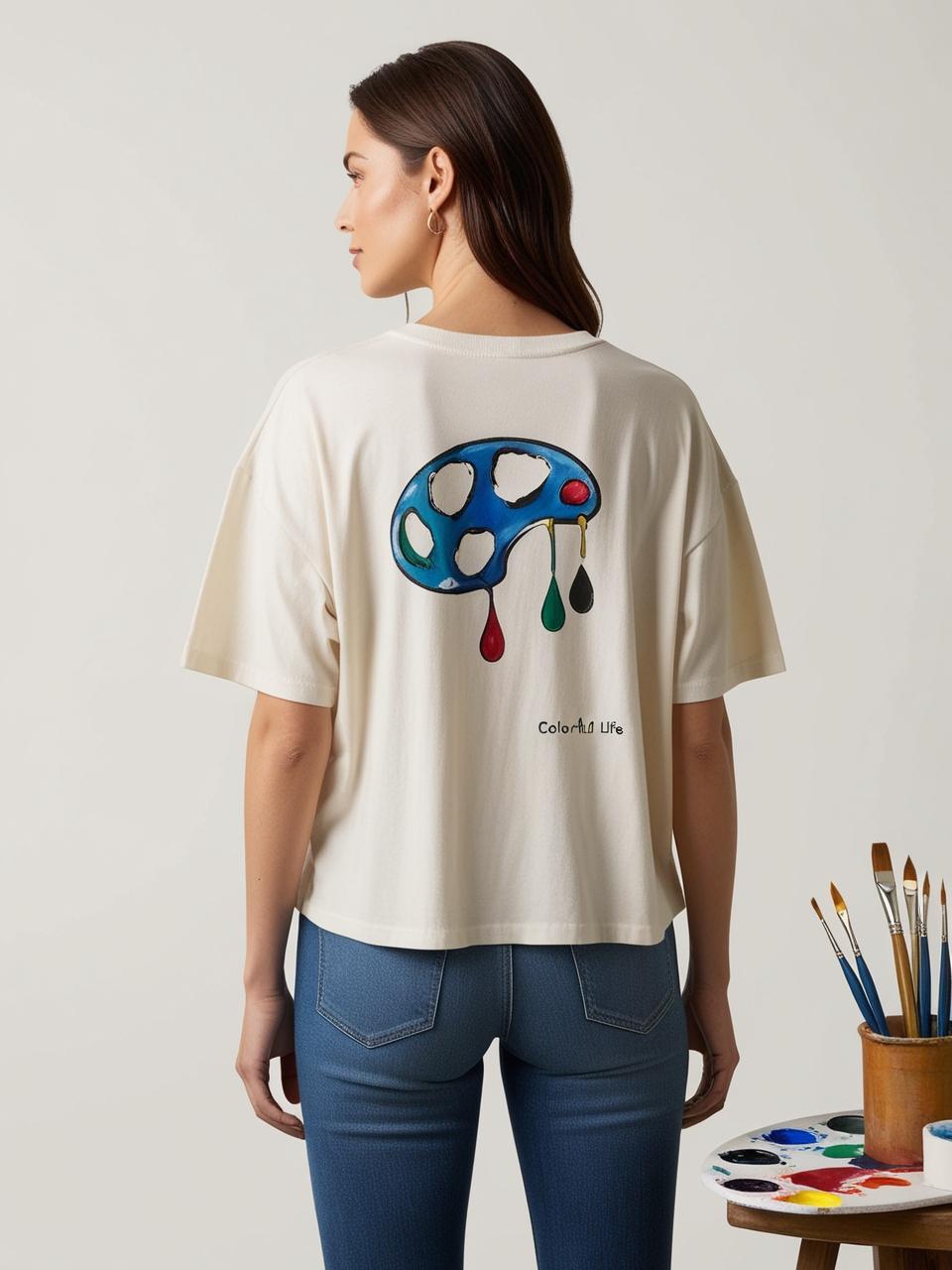 Crew Neck Off White Colorful State II - oversized crew neck t-shirt for women