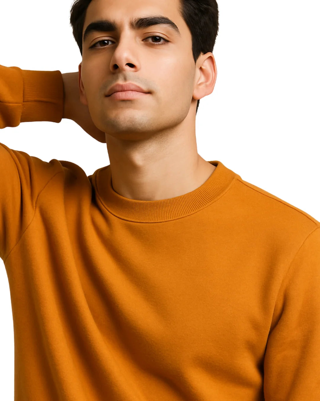 Man wearing an orange sweater against a white background