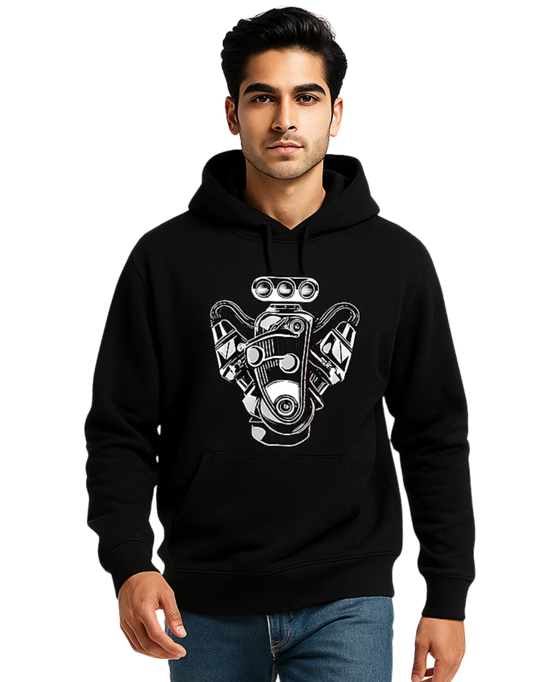 BarelyStylish black hoodie with Engine Design on front