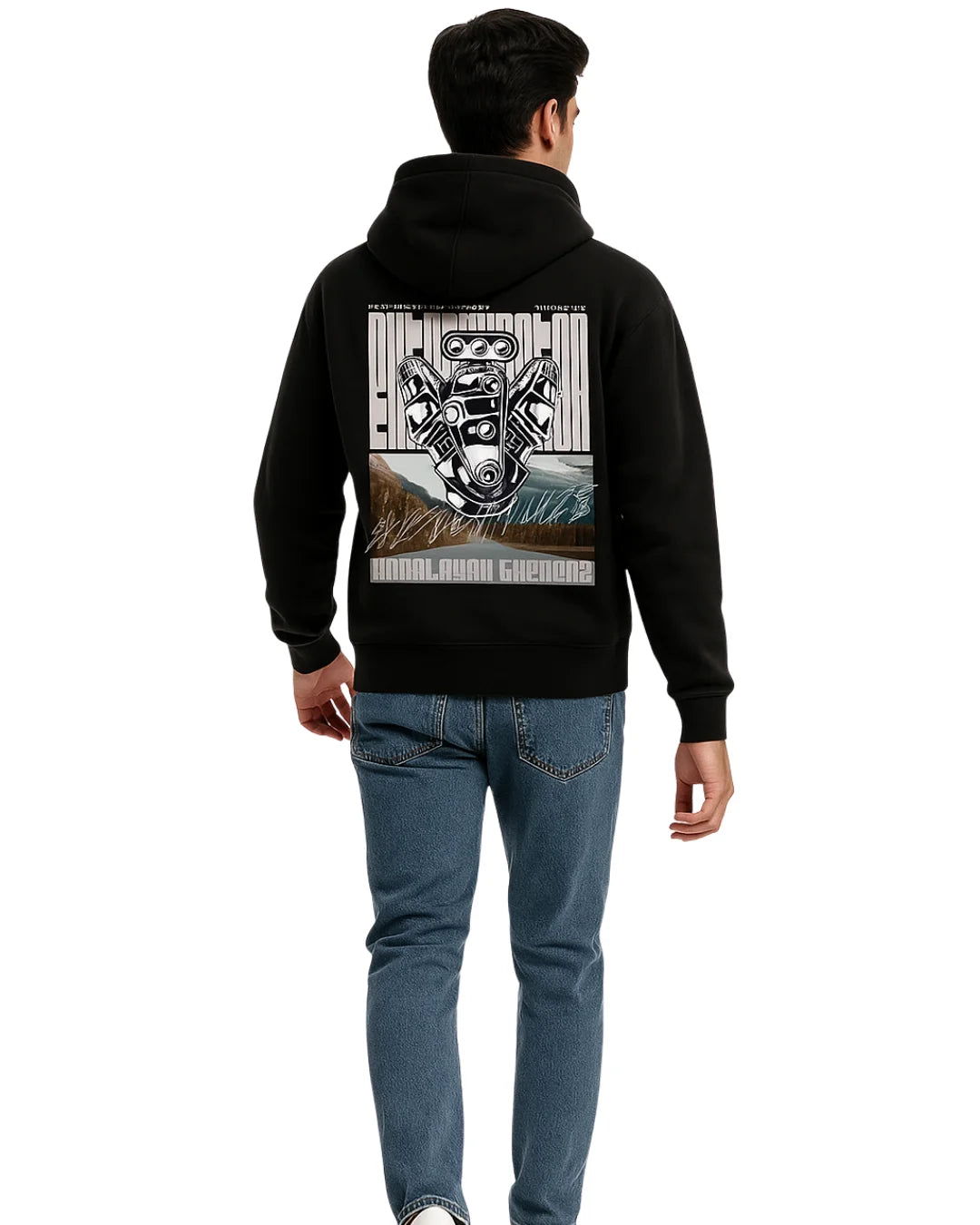Back Profile BarelyStylish black hoodie with Engine Design on front