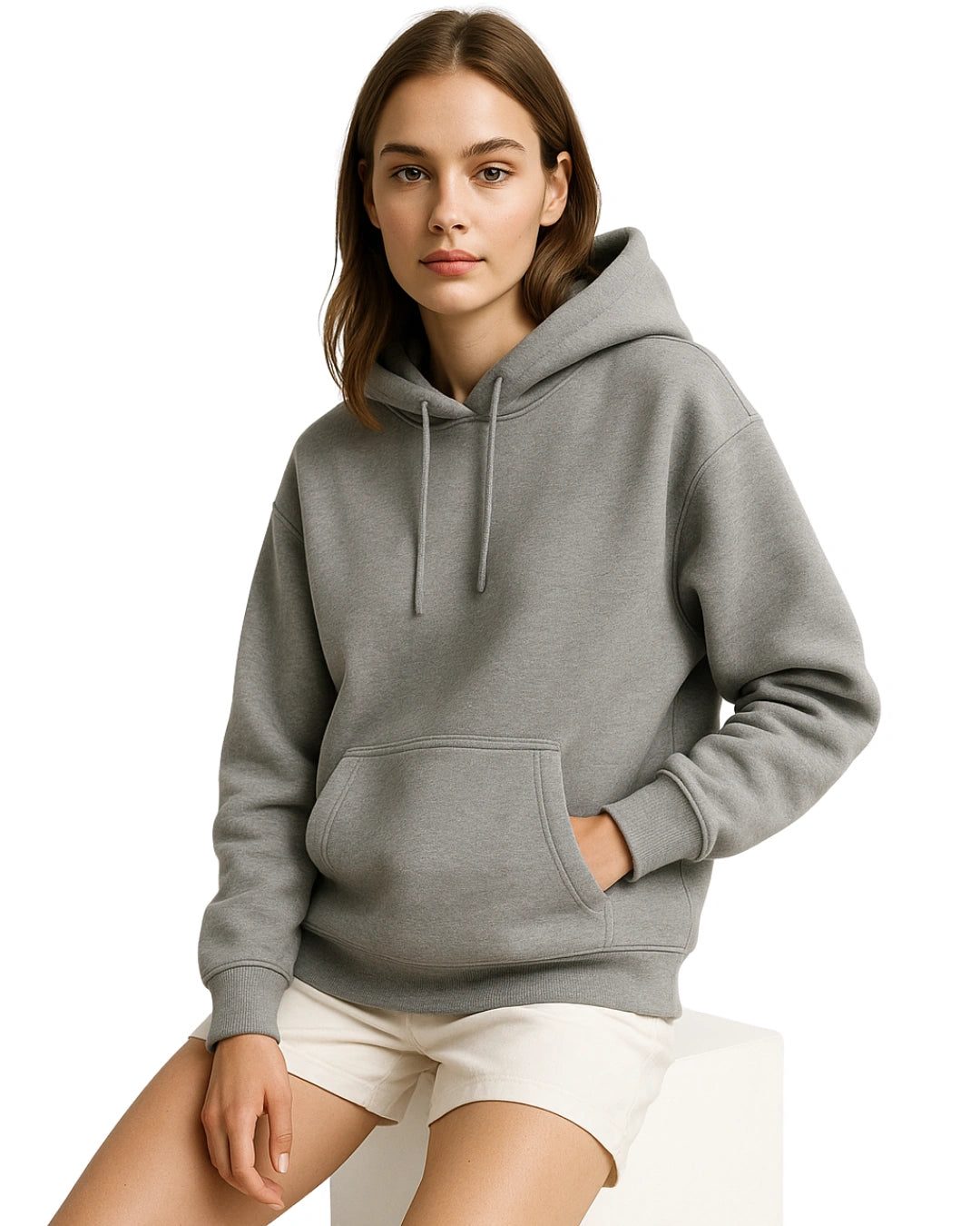 Woman wearing a gray hoodie