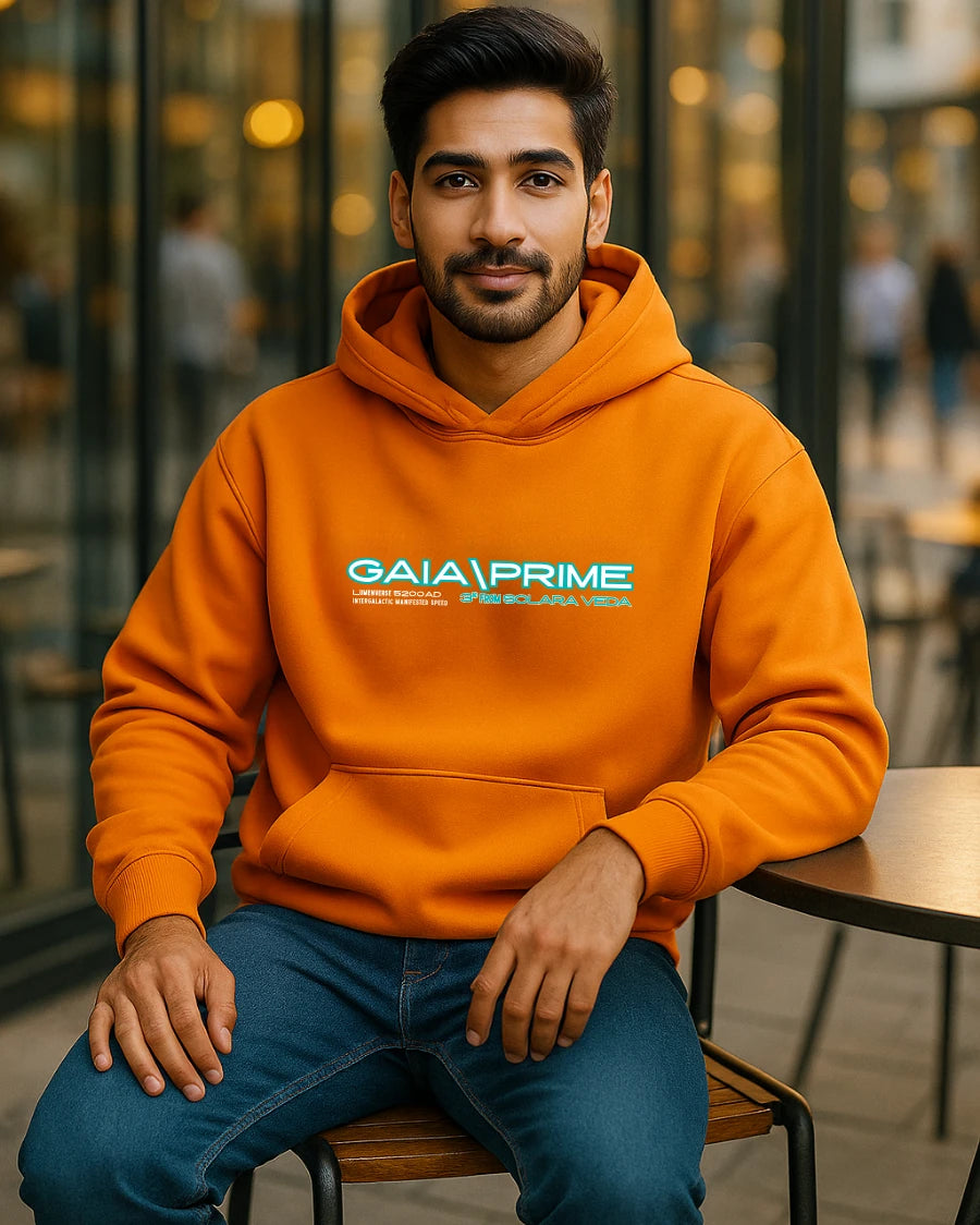 Man wearing an orange hoodie with 'GAIA PRIME' branding, sitting in a blurred indoor setting.