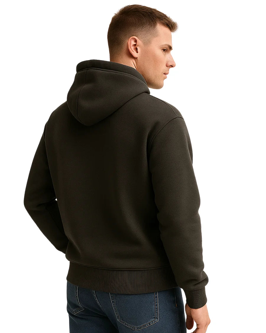 Man wearing a black hoodie from behind.