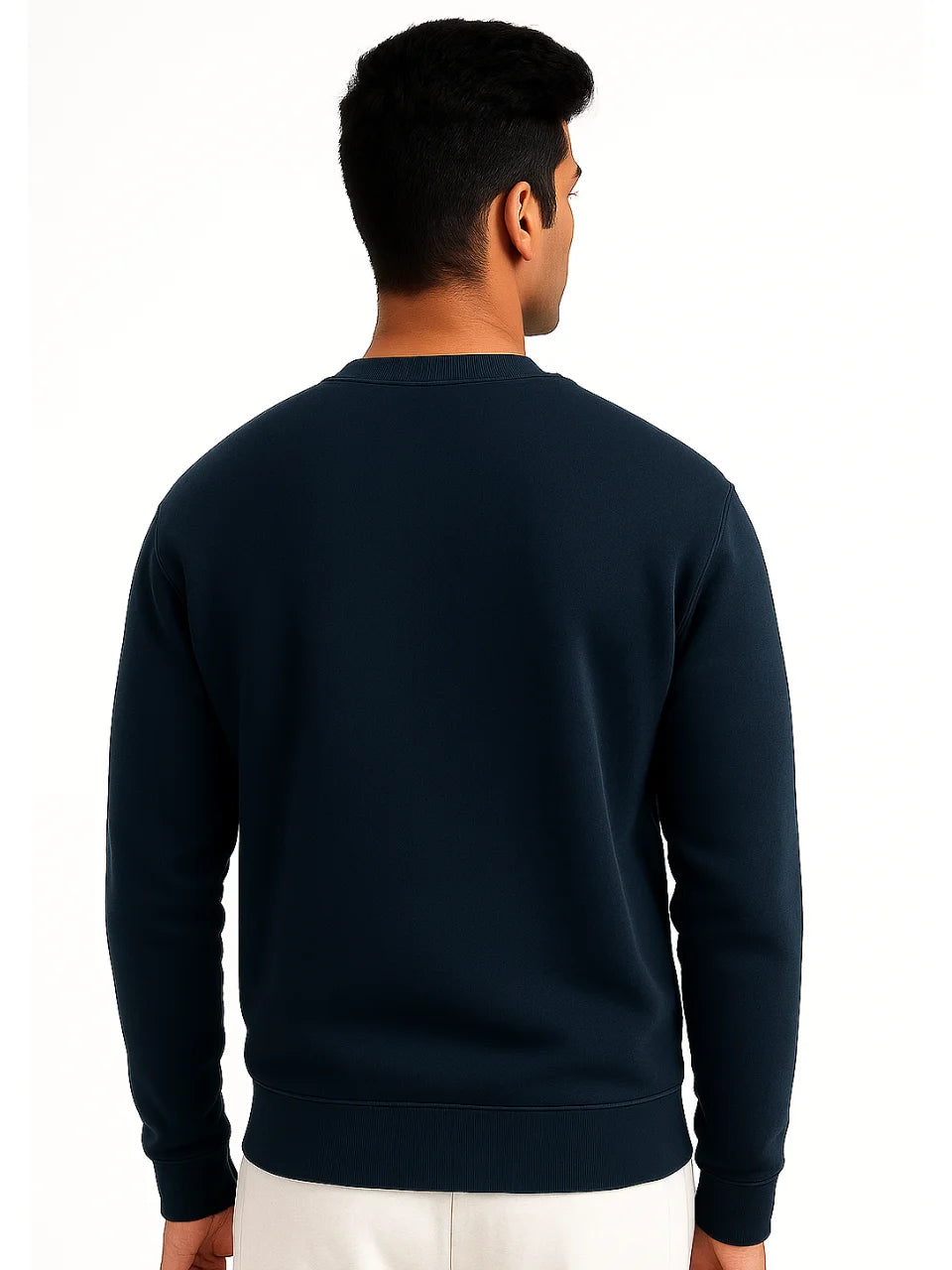 Man wearing a navy blue sweatshirt on a white background
