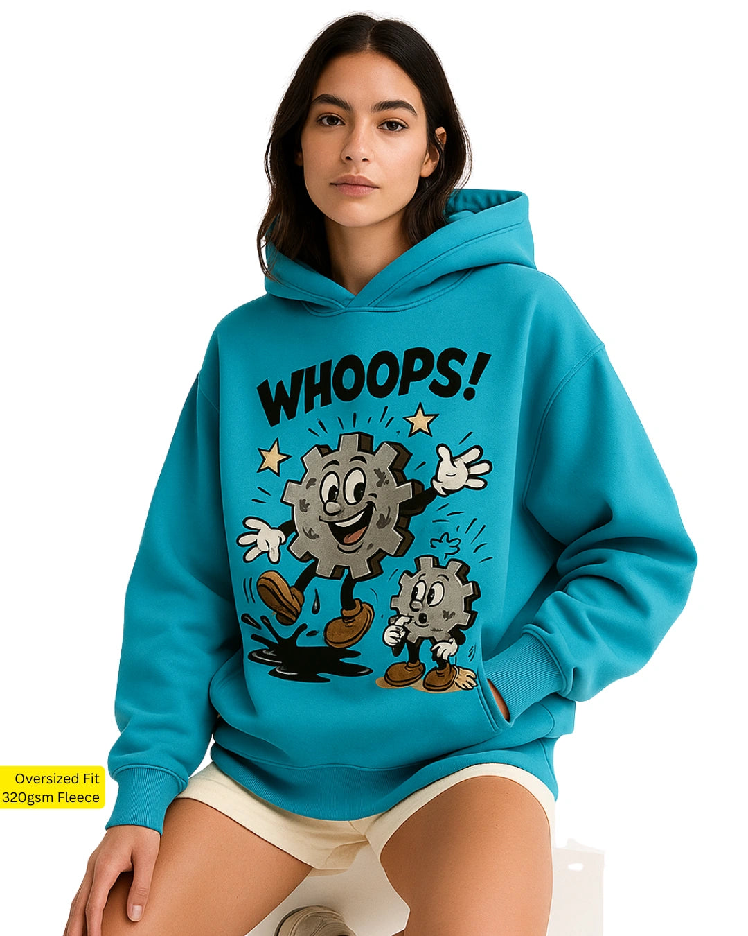 Female Model wearing a blue hoodie with cartoon design and 'WHOOPS!' text.