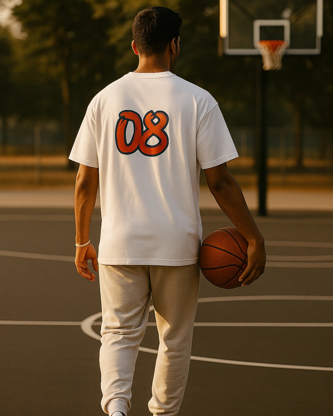Person holding a basketball on a court wearing a white t-shirt with '08' on the back.