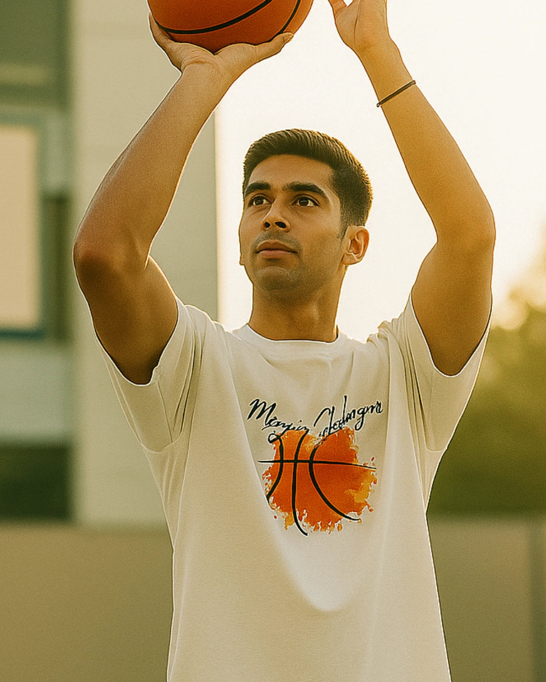 Man holding a basketball above his head on an outdoor court, wearing a white t-shirt with a basketball graphic.