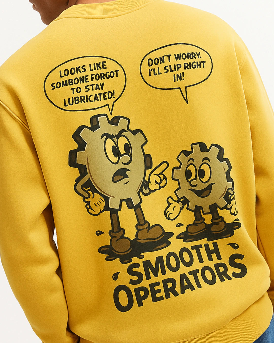 Yellow sweatshirt with cartoon designs and text on the back