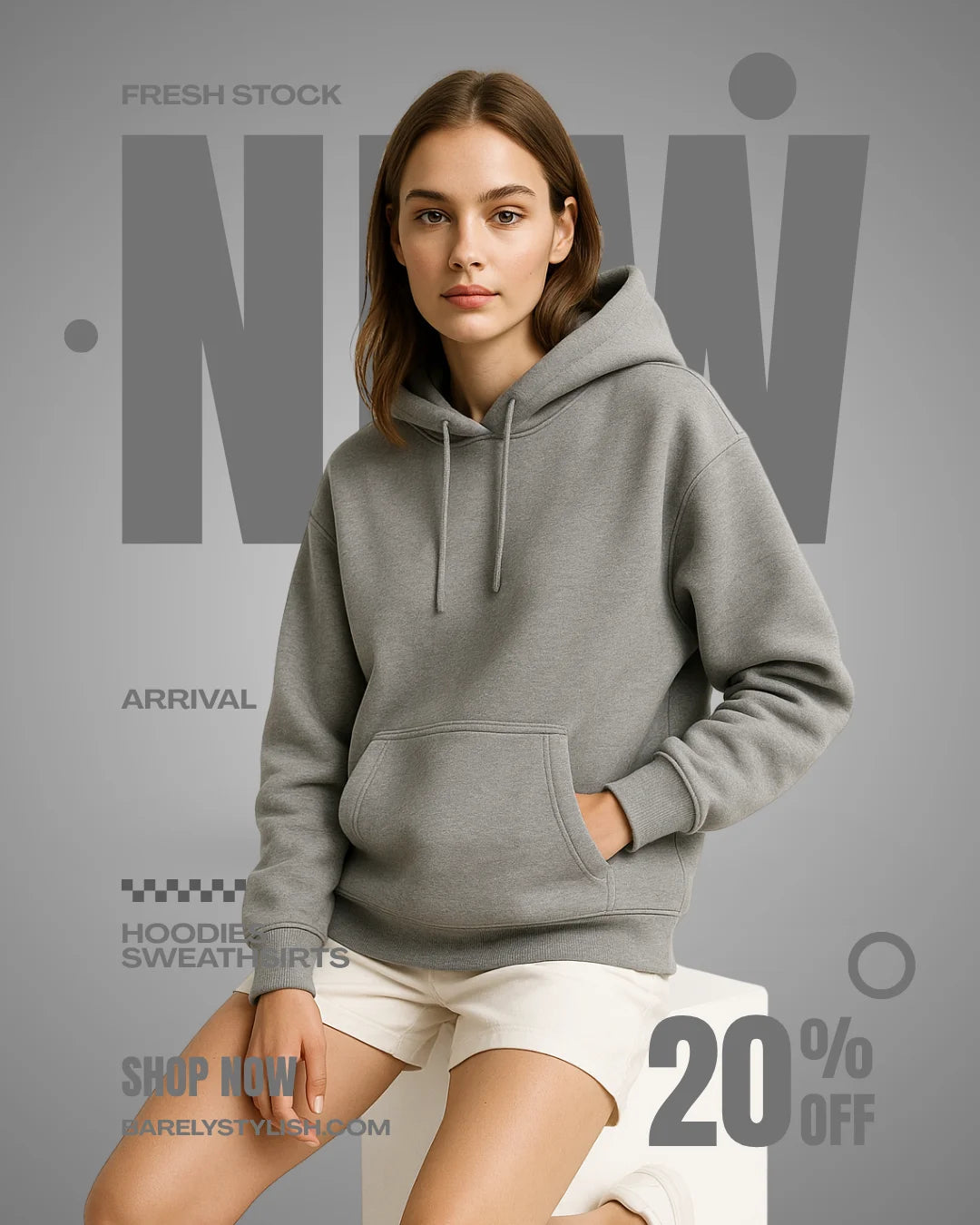 Woman wearing a BarelyStylish gray hoodie.