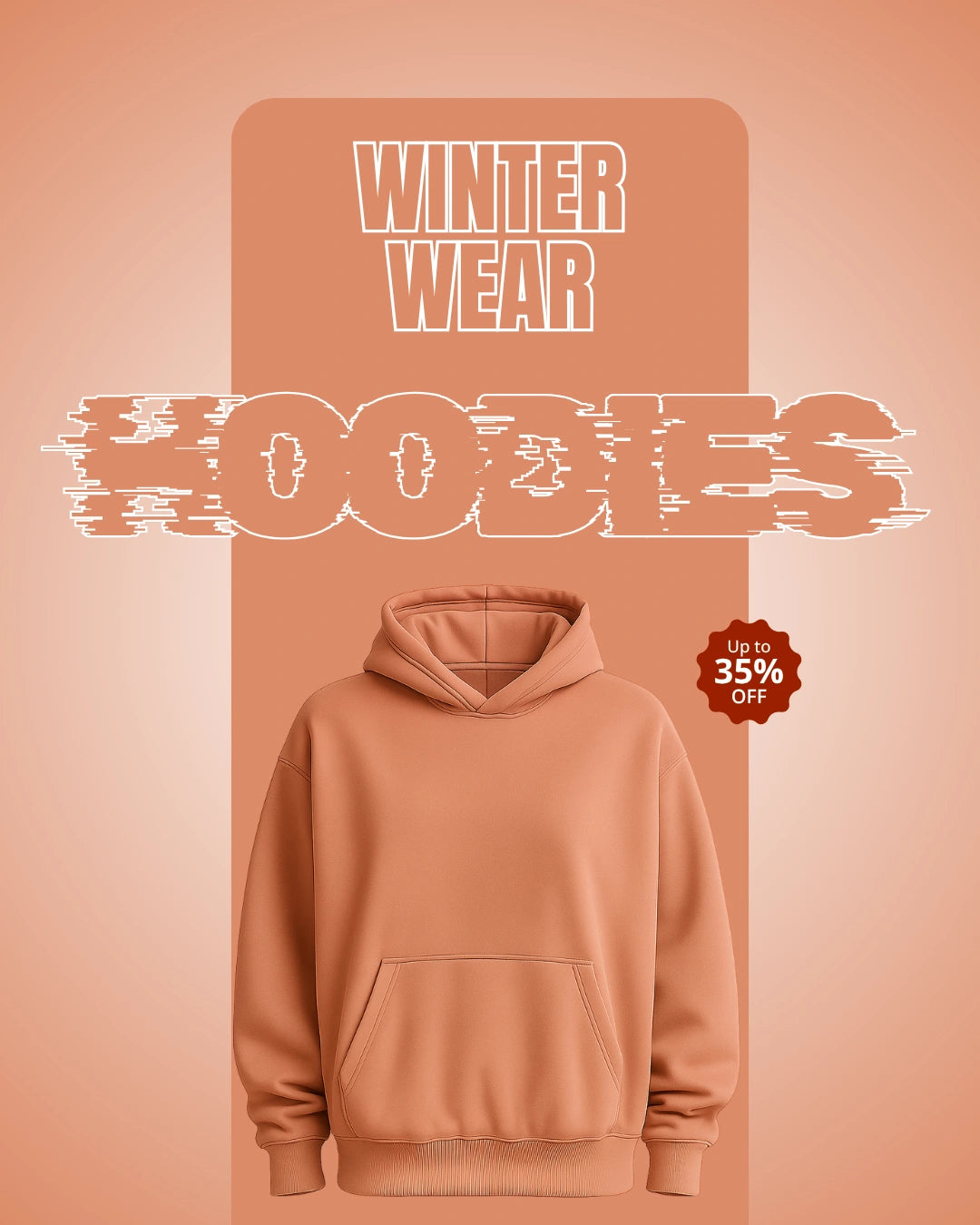 Coral hoodie on a peach background with 'Winter Wear Codes' text and discount offer.