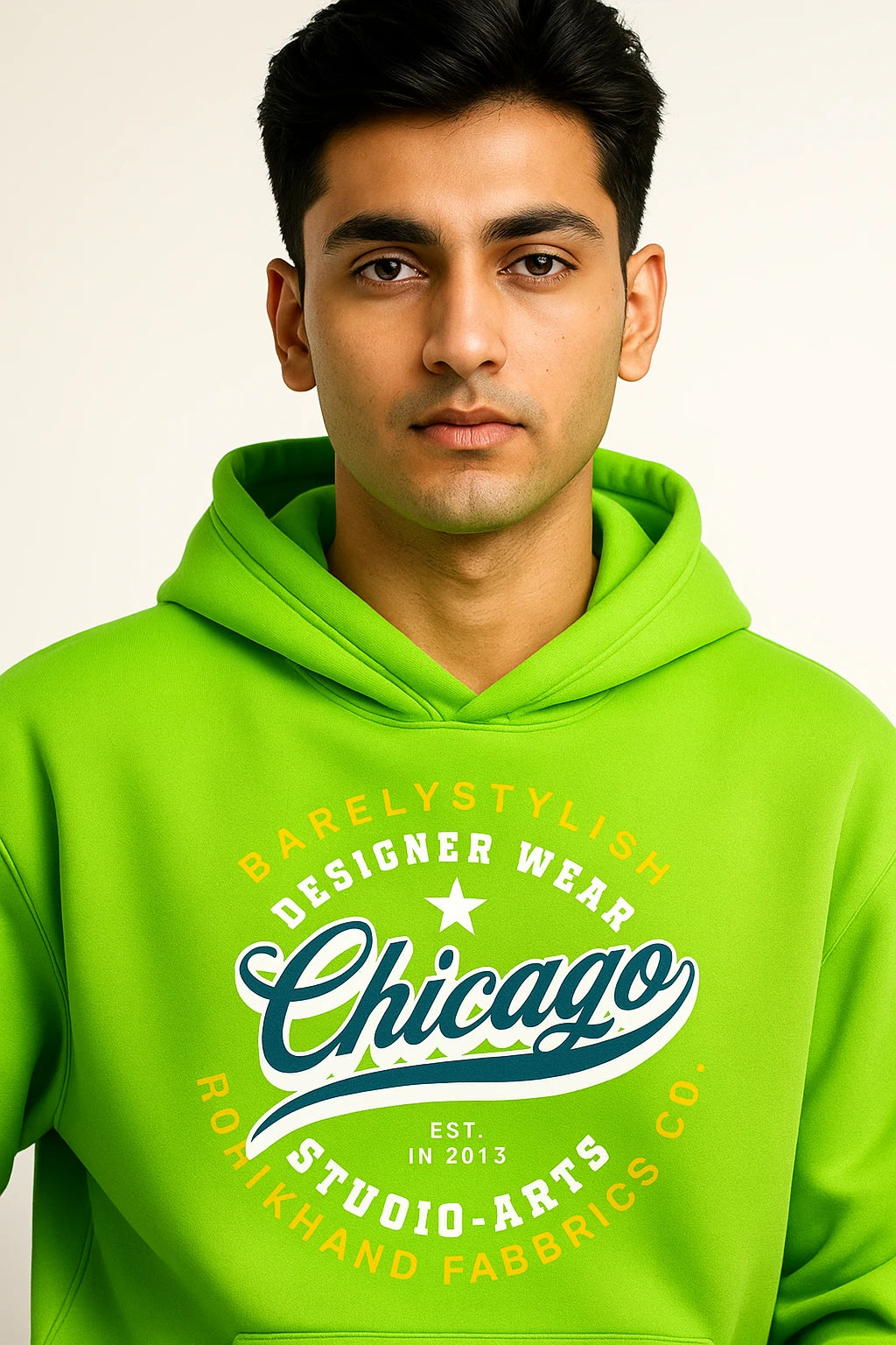 Man wearing a bright green hoodie with text on a plain background