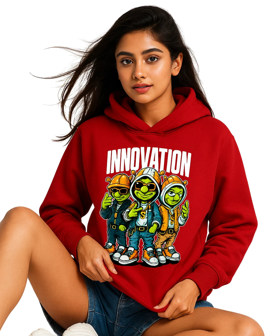 Person wearing a red hoodie with 'INNOVATION' and cartoon characters on a white background