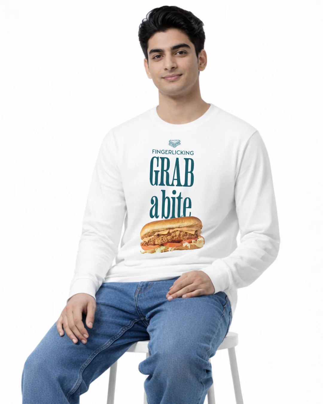 College Wear BarelyStylish White Full Sleeve Cotton TShirt with Design Grab a Bite