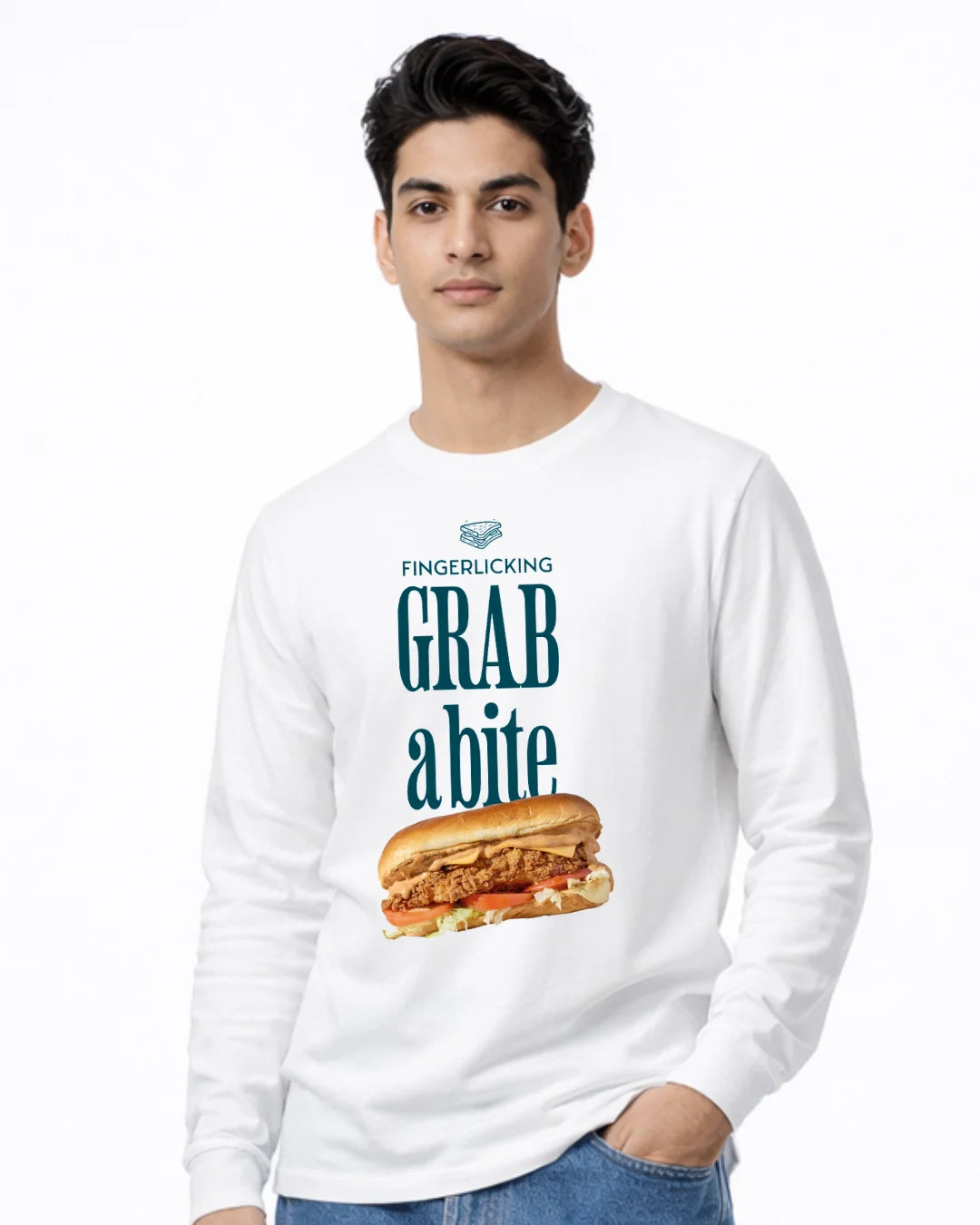 BarelyStylish White Full Sleeve Cotton TShirt with Design Grab a Bite