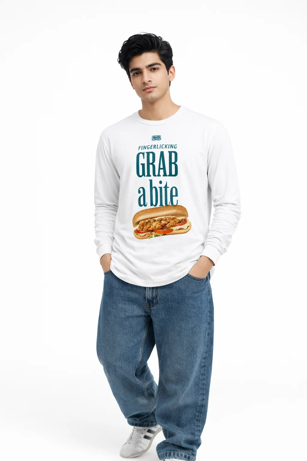 BarelyStylish White Full Sleeve Cotton TShirt for Men with Design Grab a Bite