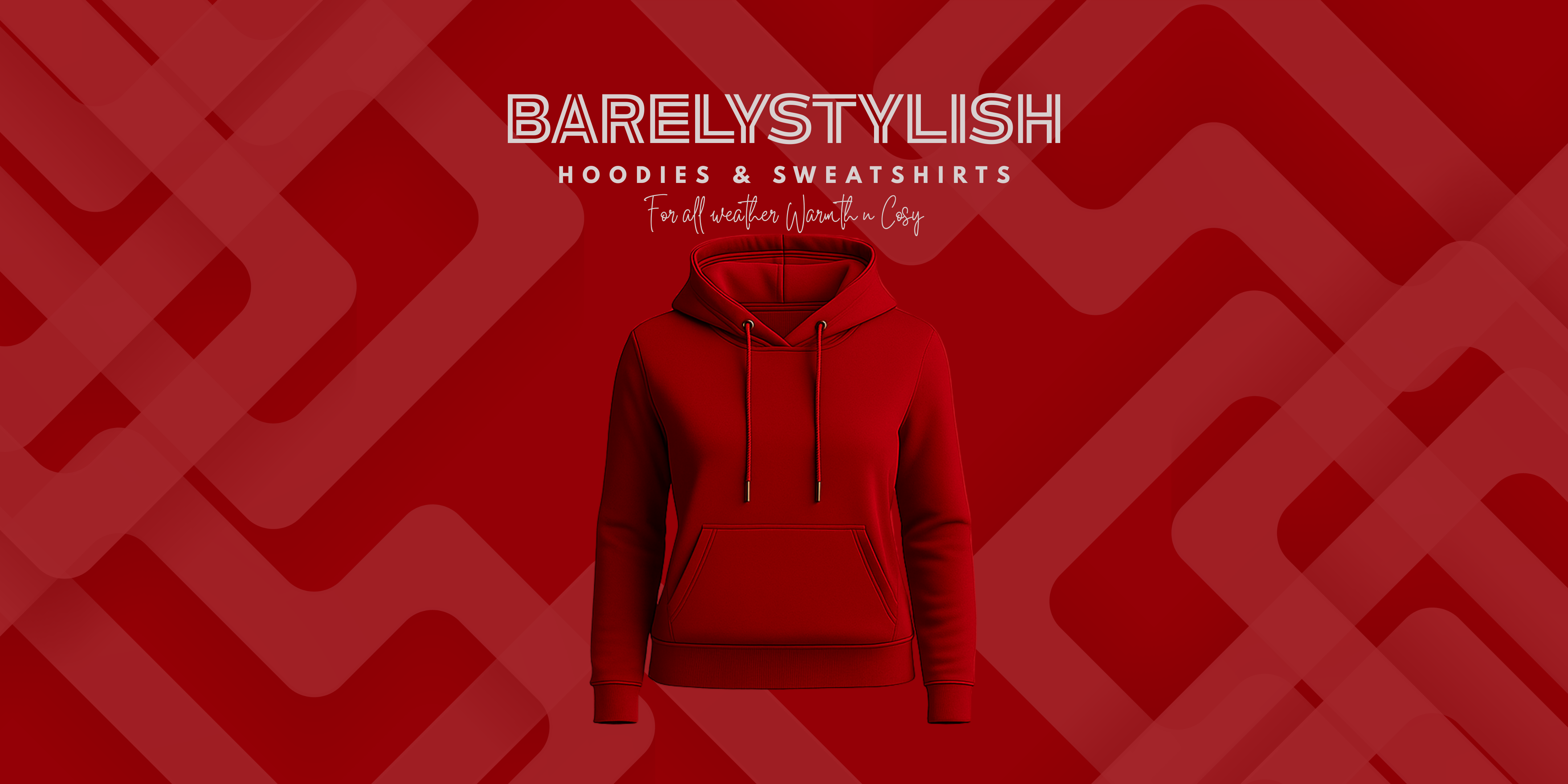 Red hoodie on a red background with 'Barely Stylish' branding.