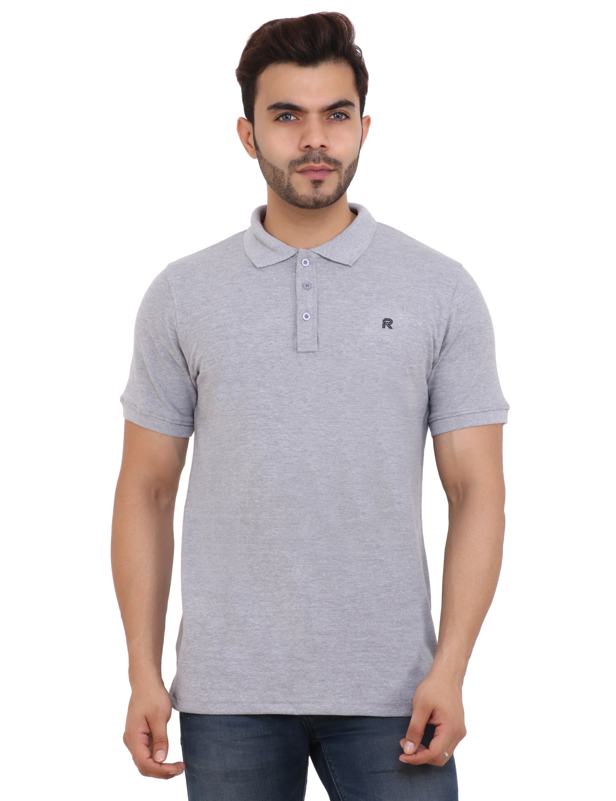 Grey Cotton Blend Polo TShirt for Men