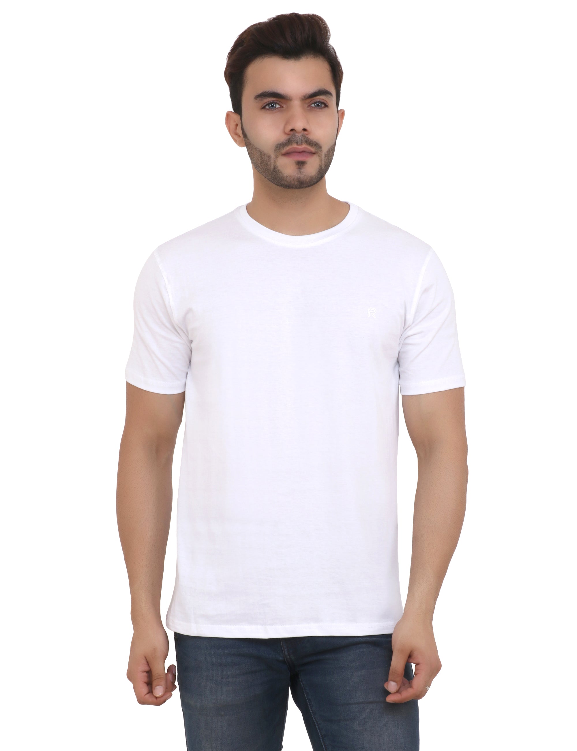 A man wearing a white crew neck cotton blend t-shirt and blue jeans