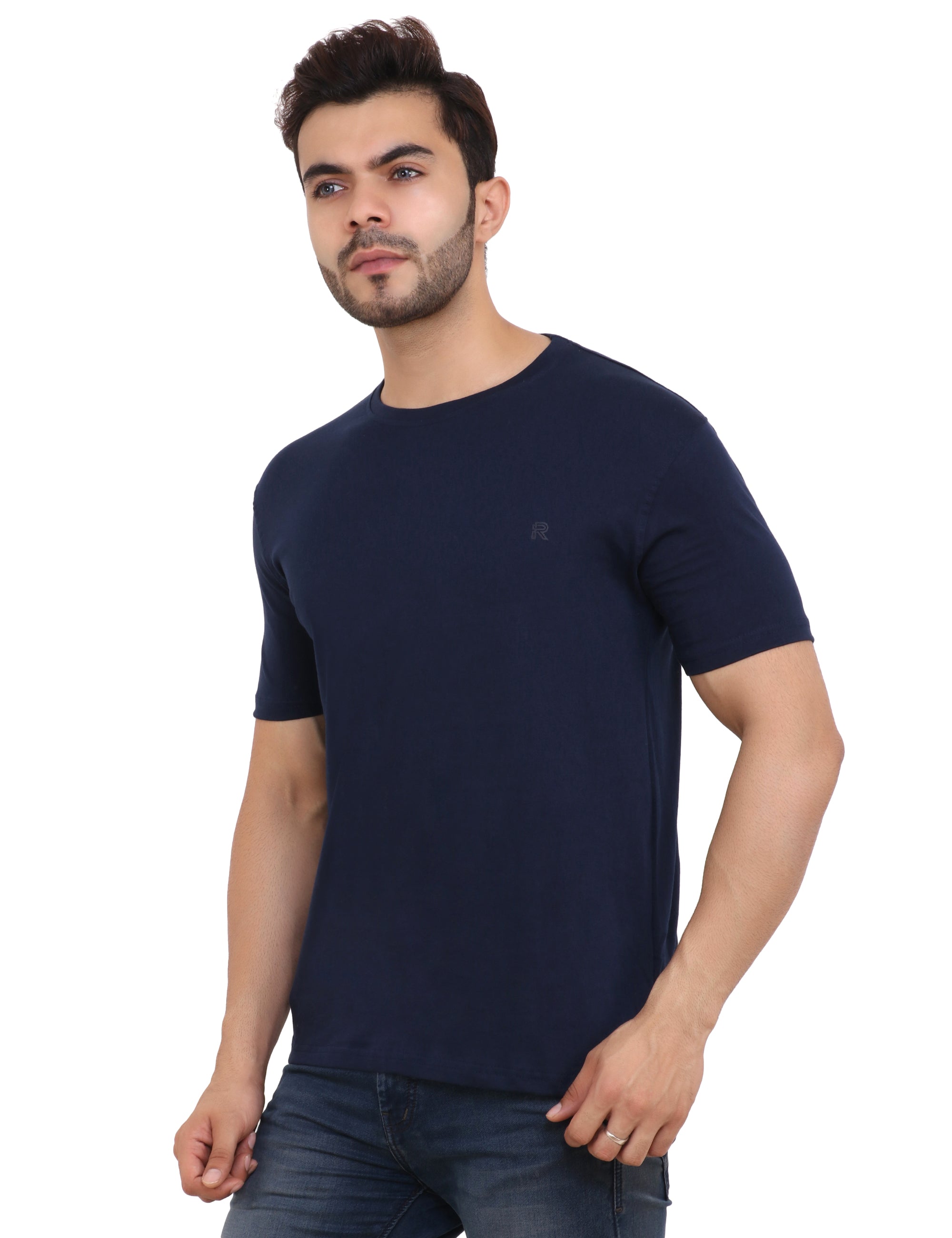 Navy Blue Cotton Crewneck TShirt for Men