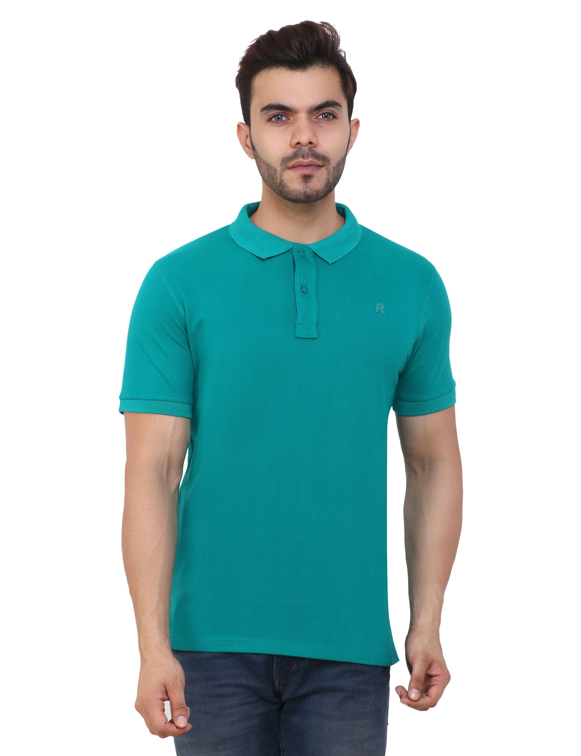 A man wearing a green cotton blend polo t-shirt with a collar and short sleeves.