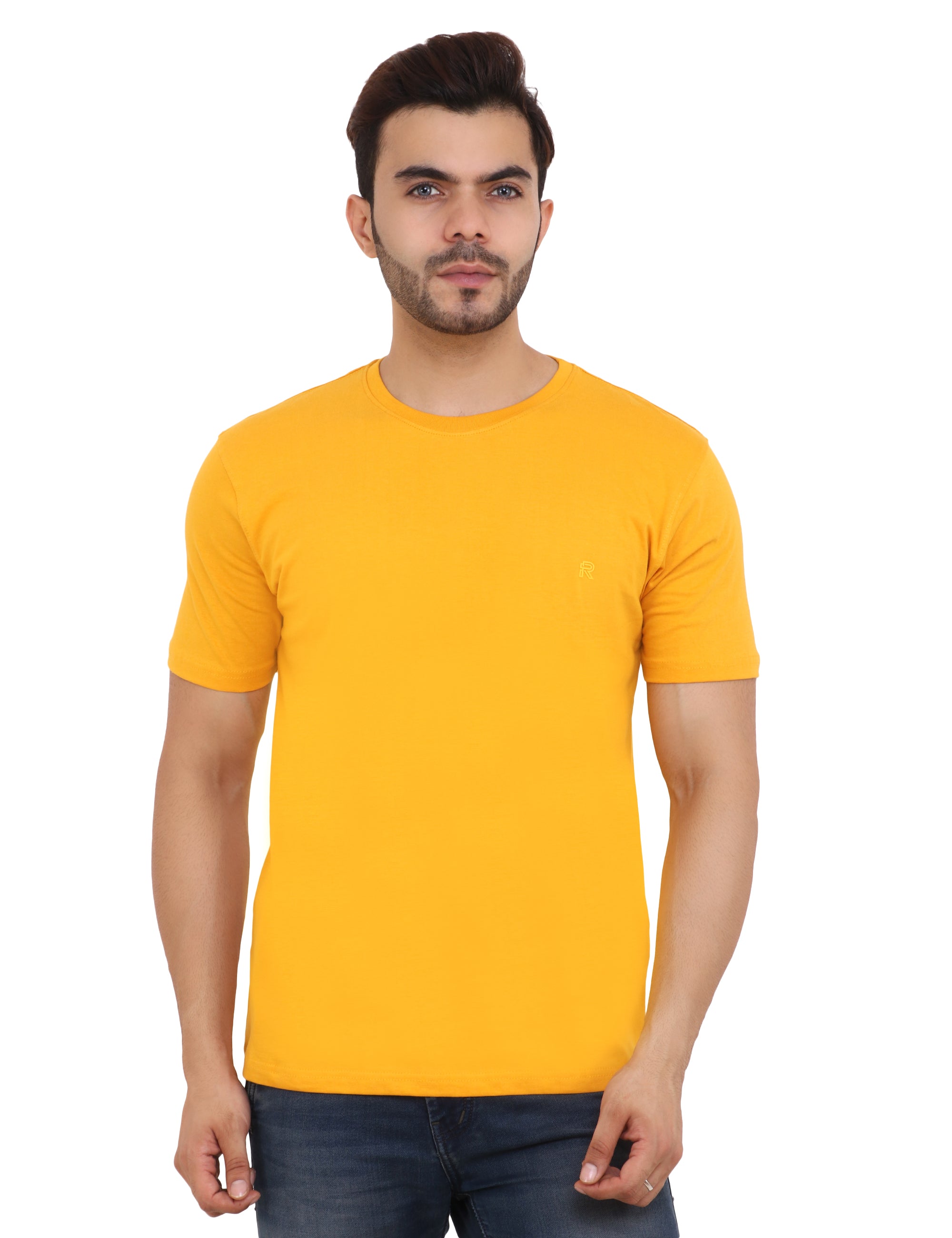 Round Neck Mustard Yellow Cotton TShirt for Men
