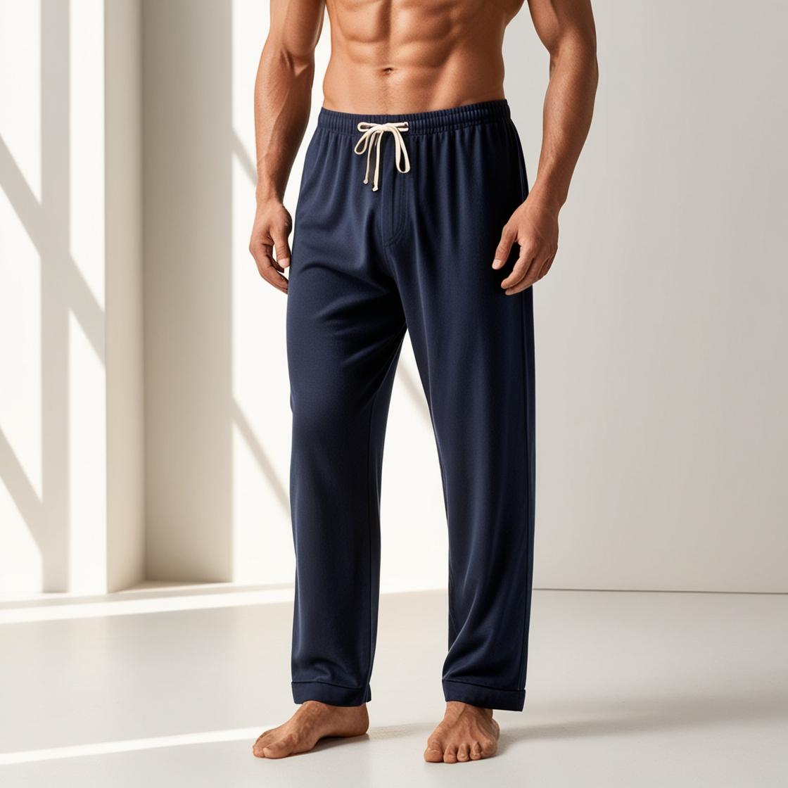 Model wearing navy blue cotton pyjama