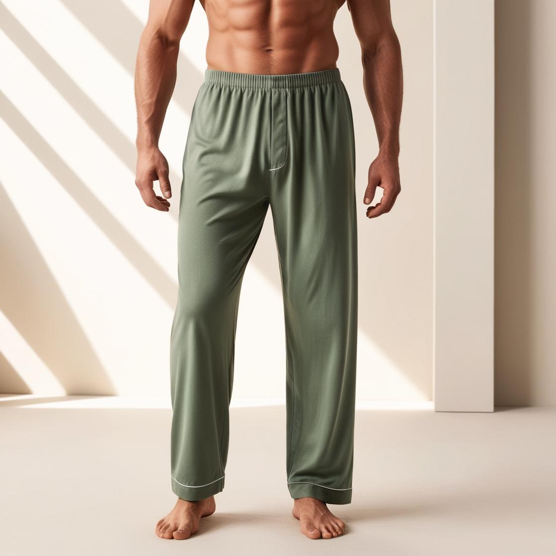 A man wearing green comfort-fit cotton lowers (pyjamas) with a relaxed fit and elastic waistband.