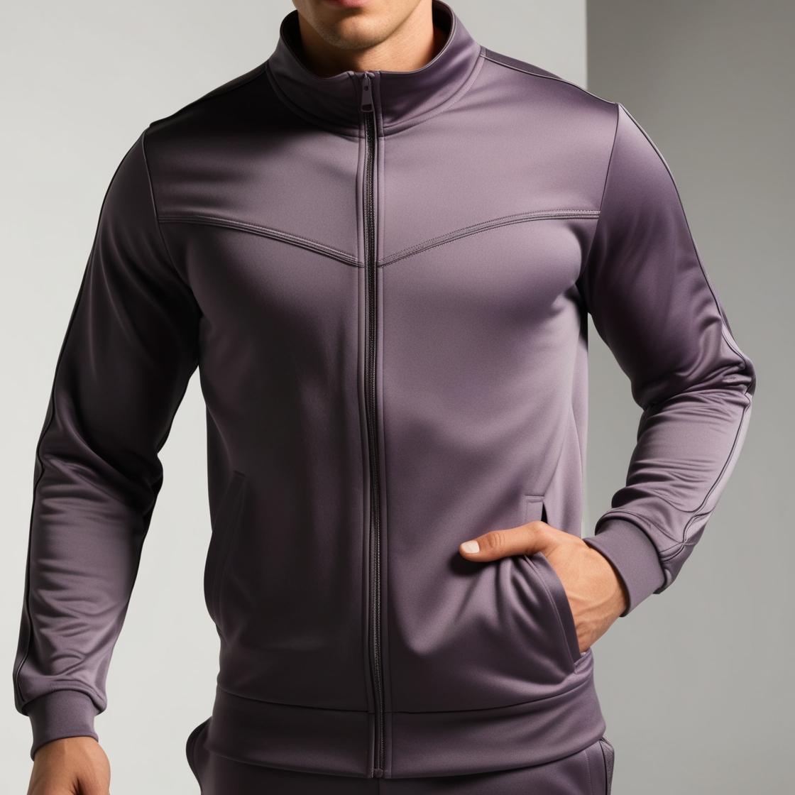 A man wearing a dark lilac tracksuit with a zippered jacket and matching pants, standing with one hand in a pocket.