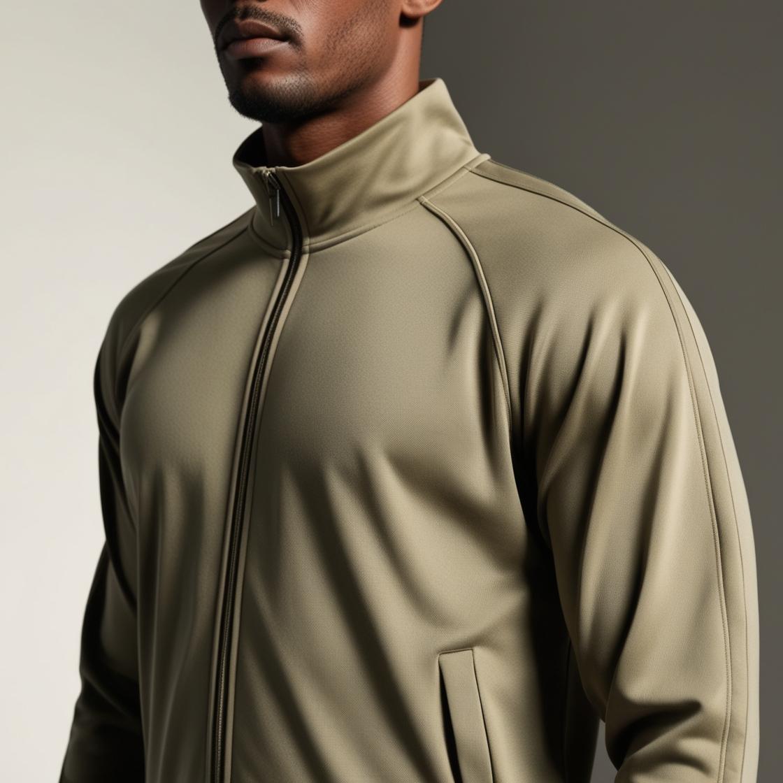 A male model wearing a khaki-colored men's tracksuit with a high collar and zippered front.