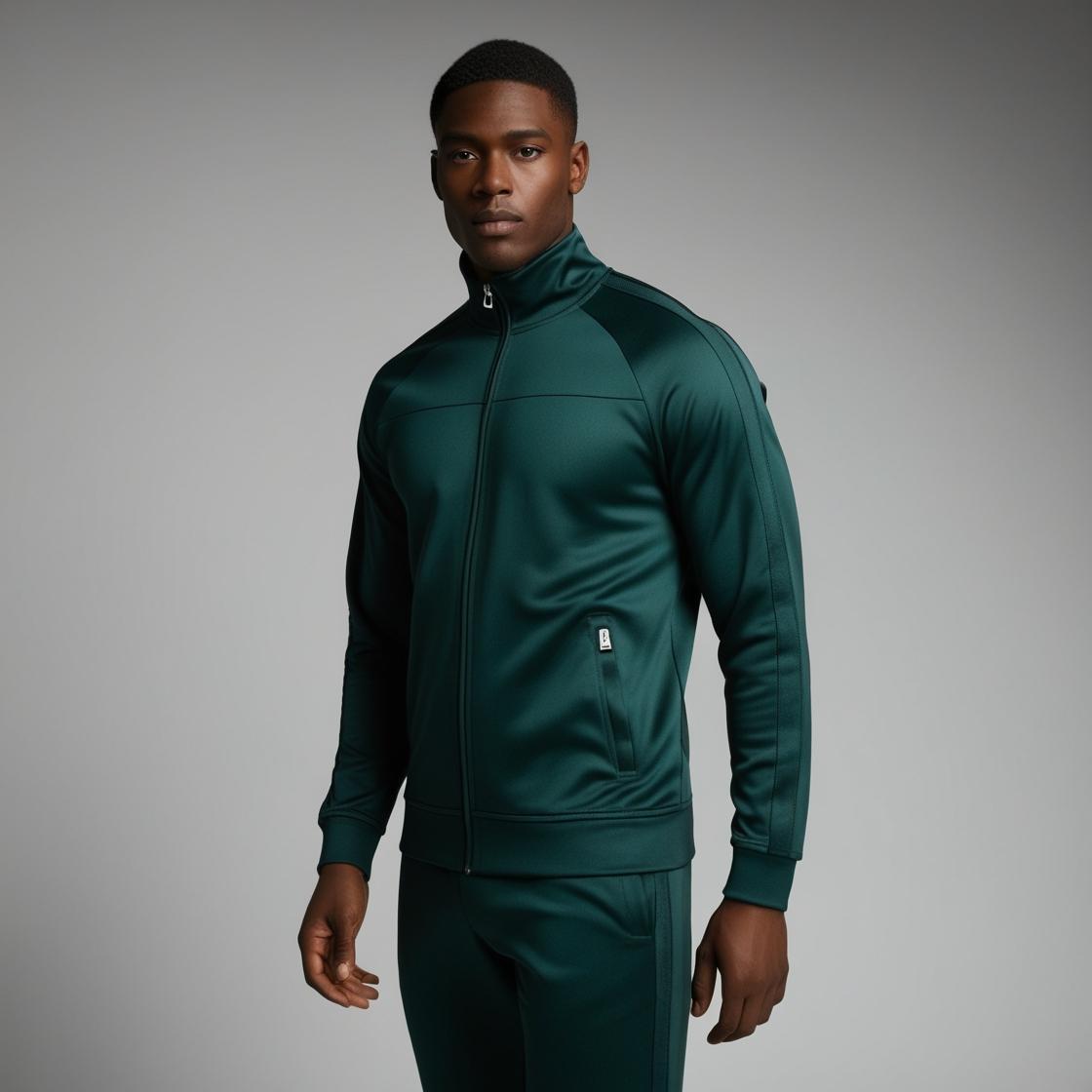 A man wearing a dark green, lightweight, athletic fabric BarelyStylish tracksuit with a zippered jacket and pants.