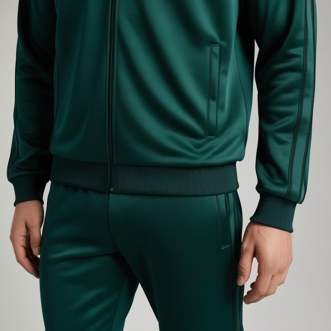 A man wearing a dark green, lightweight, athletic fabric BarelyStylish tracksuit with a zippered jacket and pants.