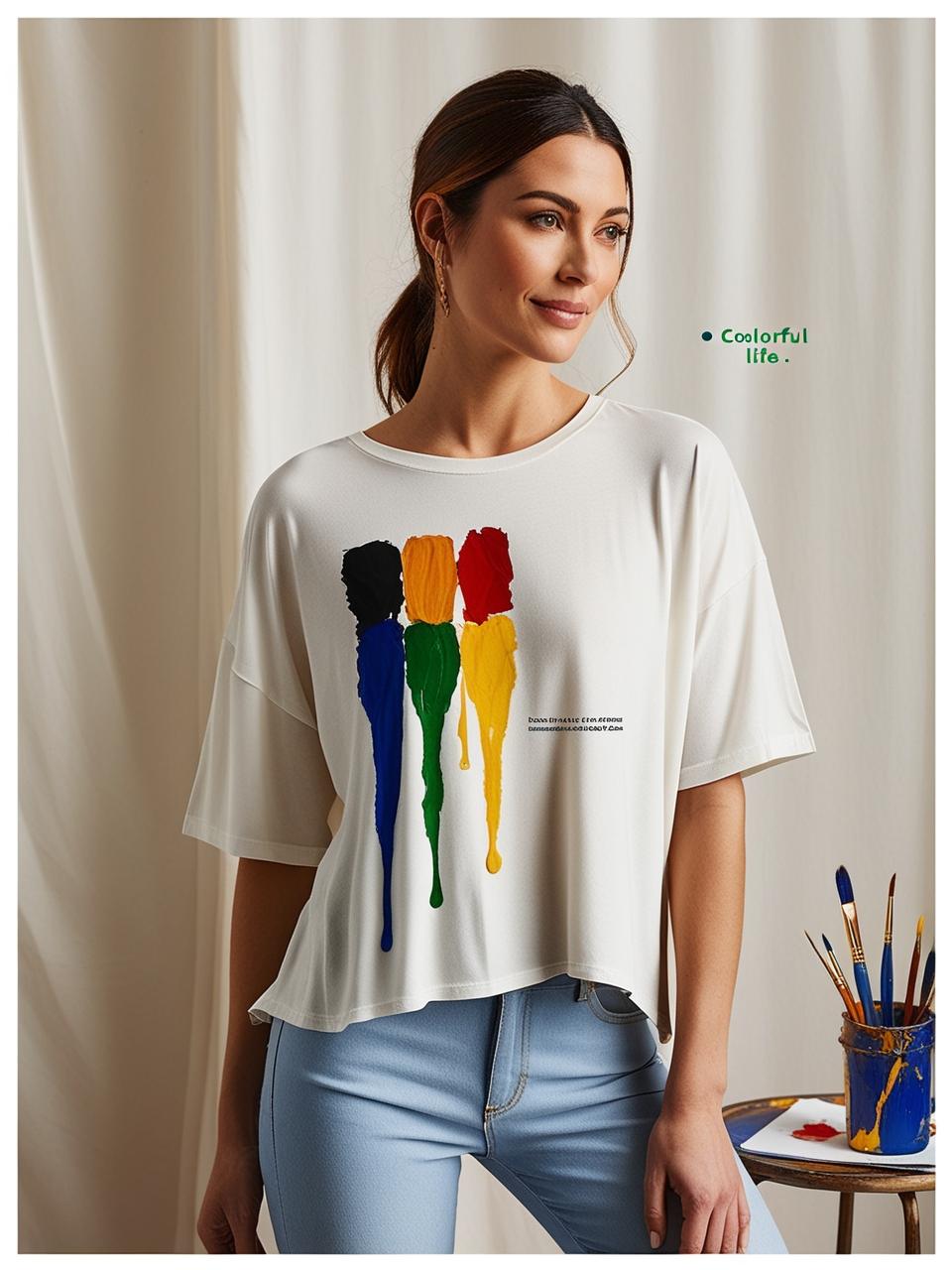Crew Neck Off White Colorful State II - oversized crew neck t-shirt for women