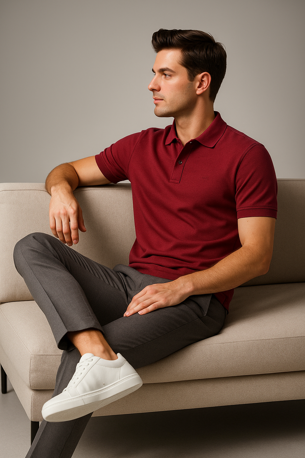 A man sitting on a couch wearing a maroon polo t-shirt with a collar, short sleeves, and paired with grey trousers and white shoes.