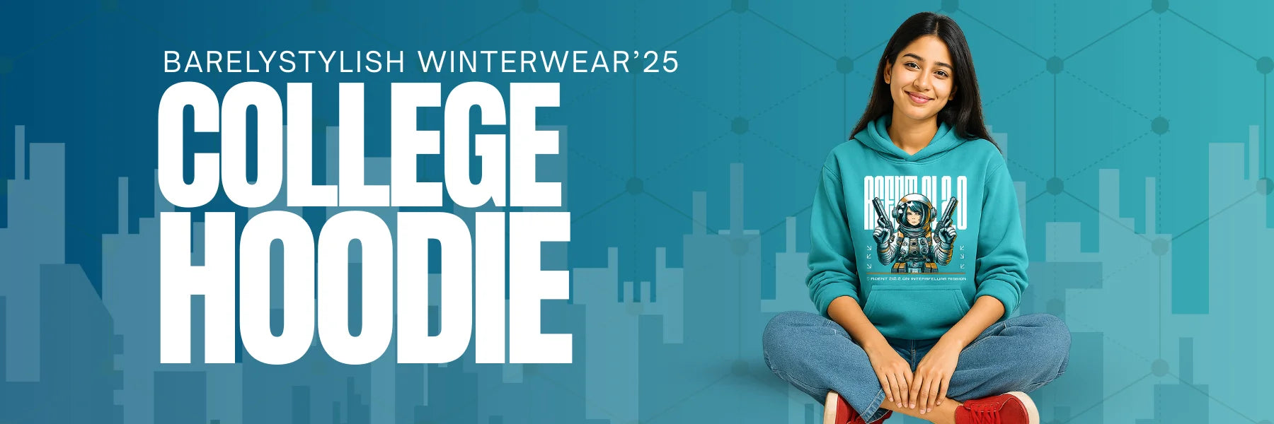 Teal hoodie with graphic design worn by a person on a blue background with text 'Barely Stylish Winterwear'25 College Hoodie'.