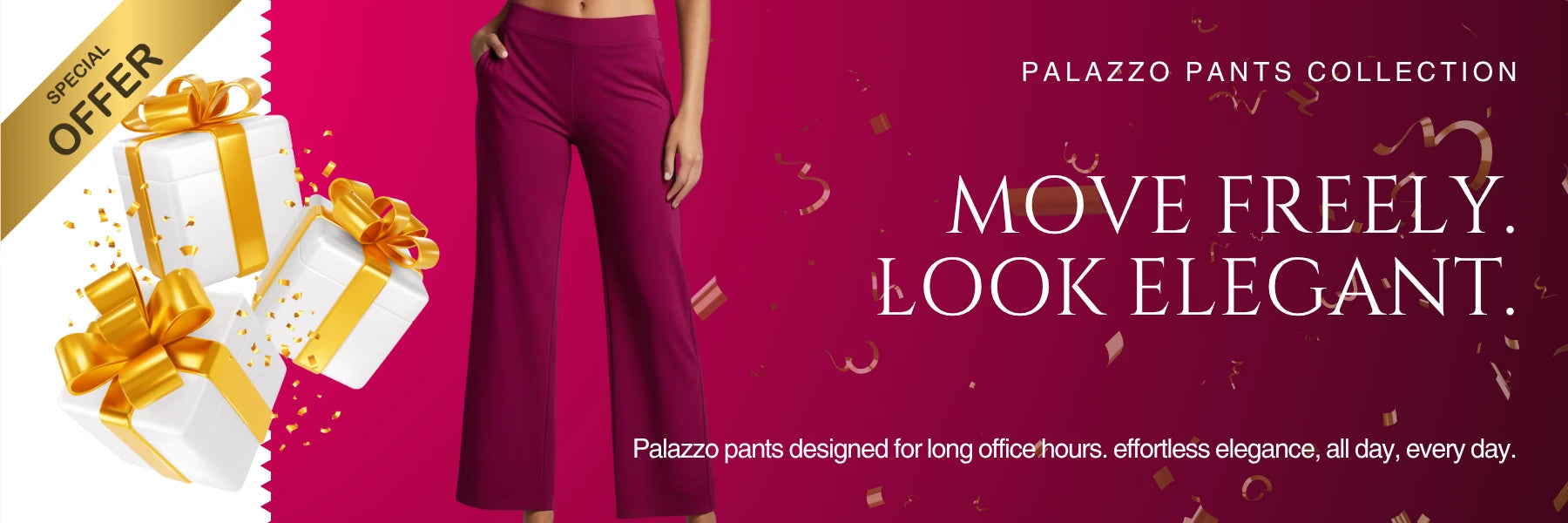 Promotional banner for Palazzo pants collection with a model wearing red pants.