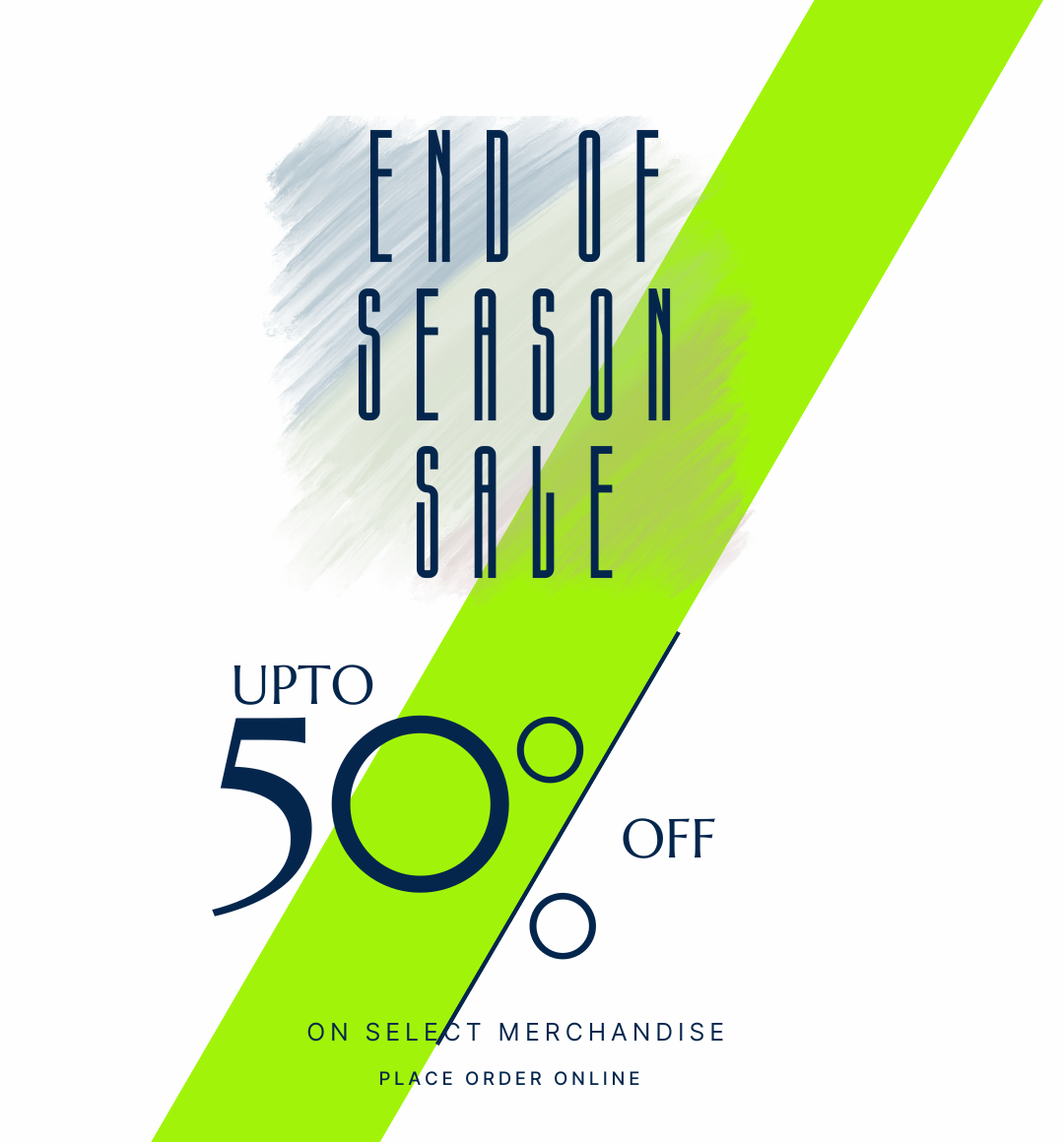 Promotional graphic for an end of season sale with a green diagonal stripe on a white background.