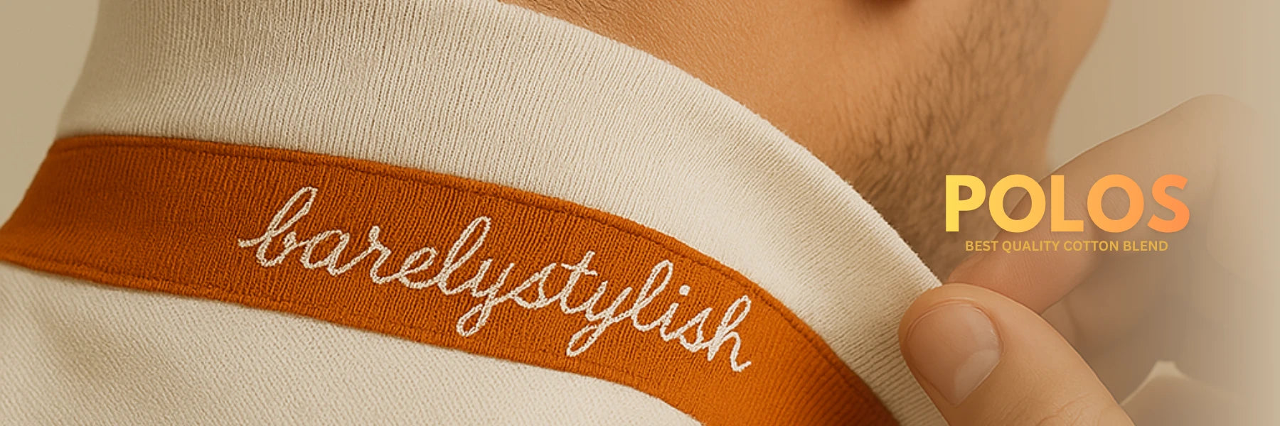 Close-up of a label on a polo shirt with 'barely stylish' text and 'POLOS' branding.