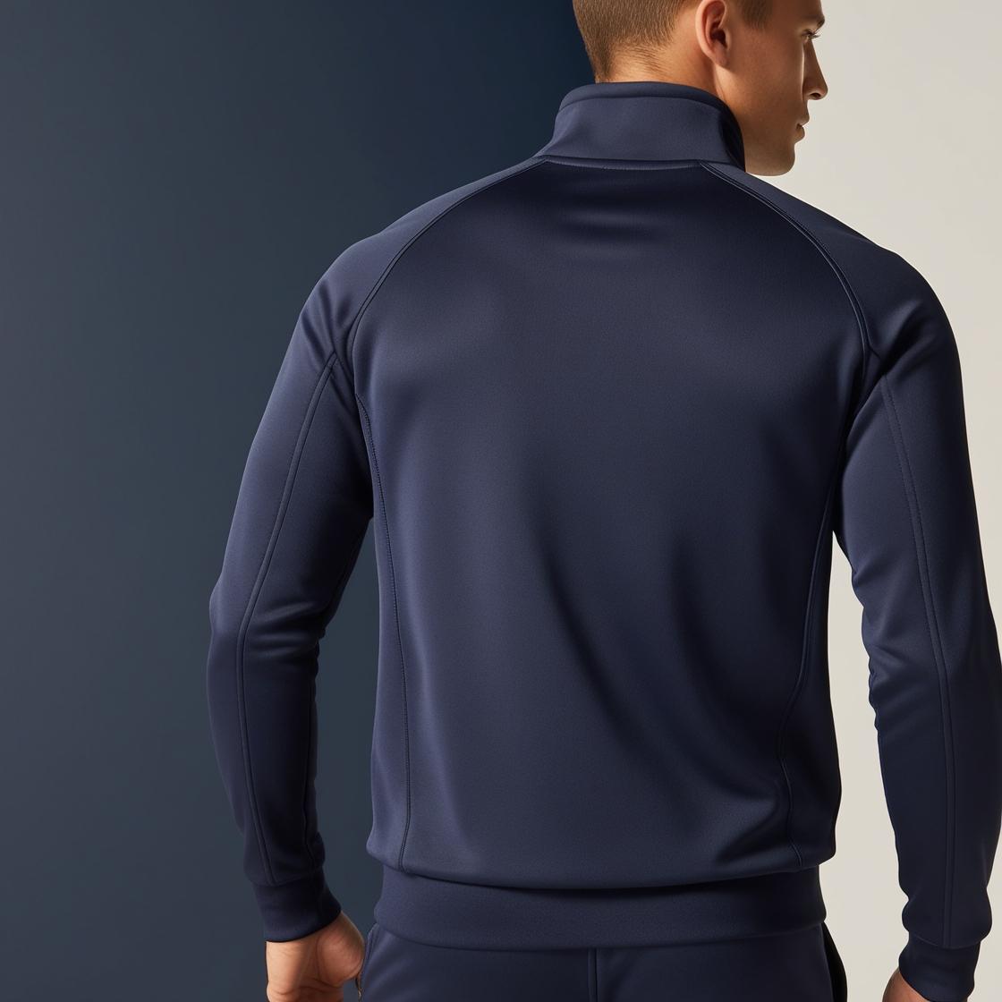 Back View of A navy blue tracksuit with a zippered jacket and matching pants.