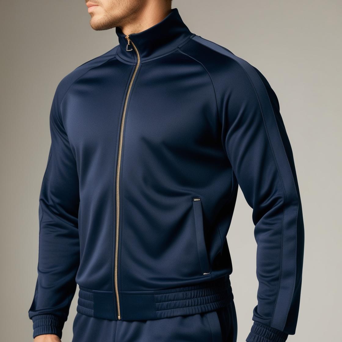 A navy blue tracksuit with a zippered jacket and matching pants, featuring a modern fit and tailored look.