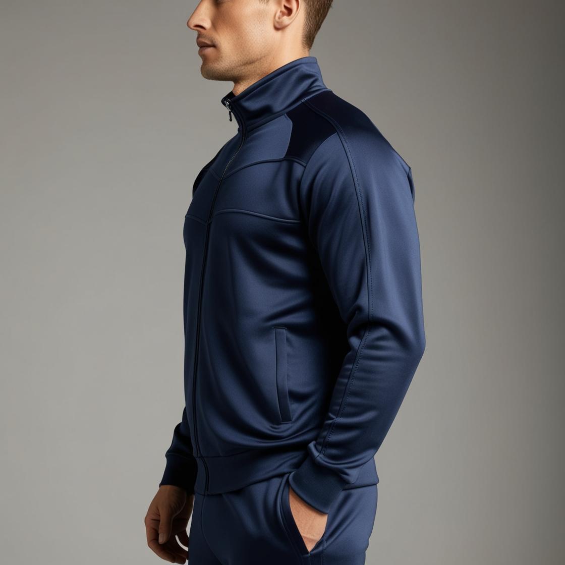 Side View of A navy blue tracksuit with a zippered jacket and matching pants.